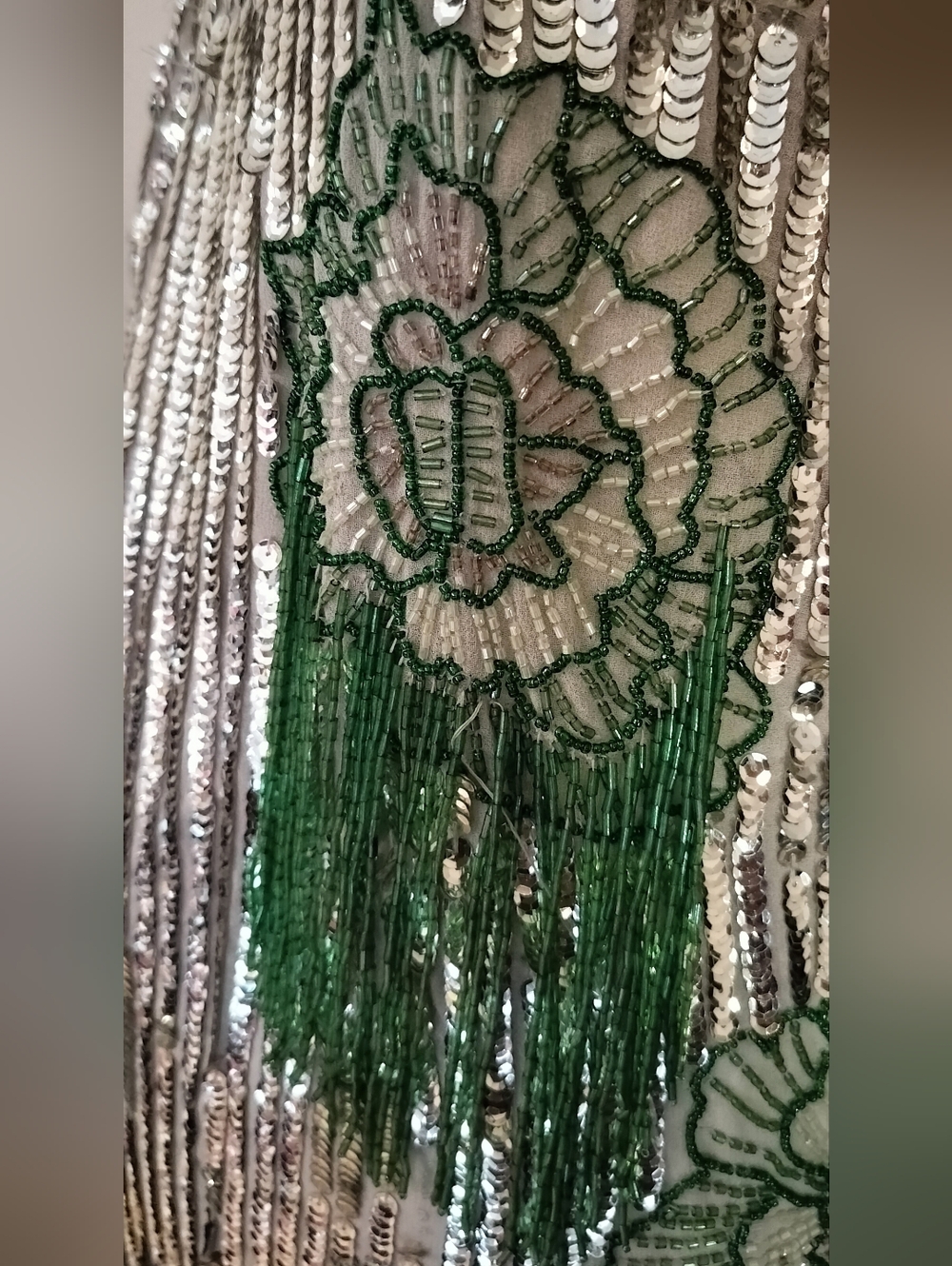 Silver Sequin Slip Dress with Green Floral Fringe - Picture 3 of 5